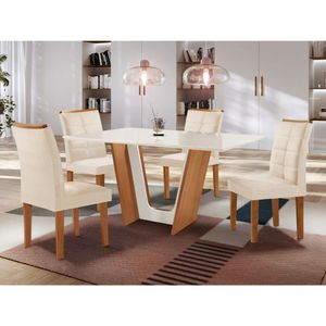 Mesa de Jantar 4 Cadeiras Tampo de Vidro Cinamomo/Off White Florença/Villa Rica Cel Móveis