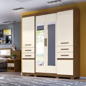 Guarda-Roupa Casal 6 Portas 4 Gavetas Com Espelho Castanho Wood/Baunilha Aracaju Moval Móveis