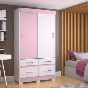 Guarda-Roupa Solteiro 2 Portas de Correr 4 Gavetas Rosa/Branco B25-66 Briz Móveis