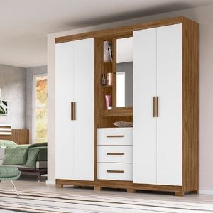 Guarda-Roupa Casal 4 Portas 3 Gavetas com Espelho Naturale/Branco Eldorado Moval Móveis