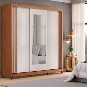 Guarda-Roupa Casal 3 Portas 3 Gavetas Com Espelho Freijó/Off White Celta DJ Móveis