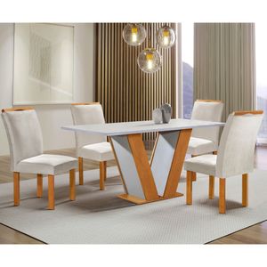 Mesa de Jantar 4 Cadeiras Tampo de Vidro Cinamomo/Off White Qatar Cel Móveis